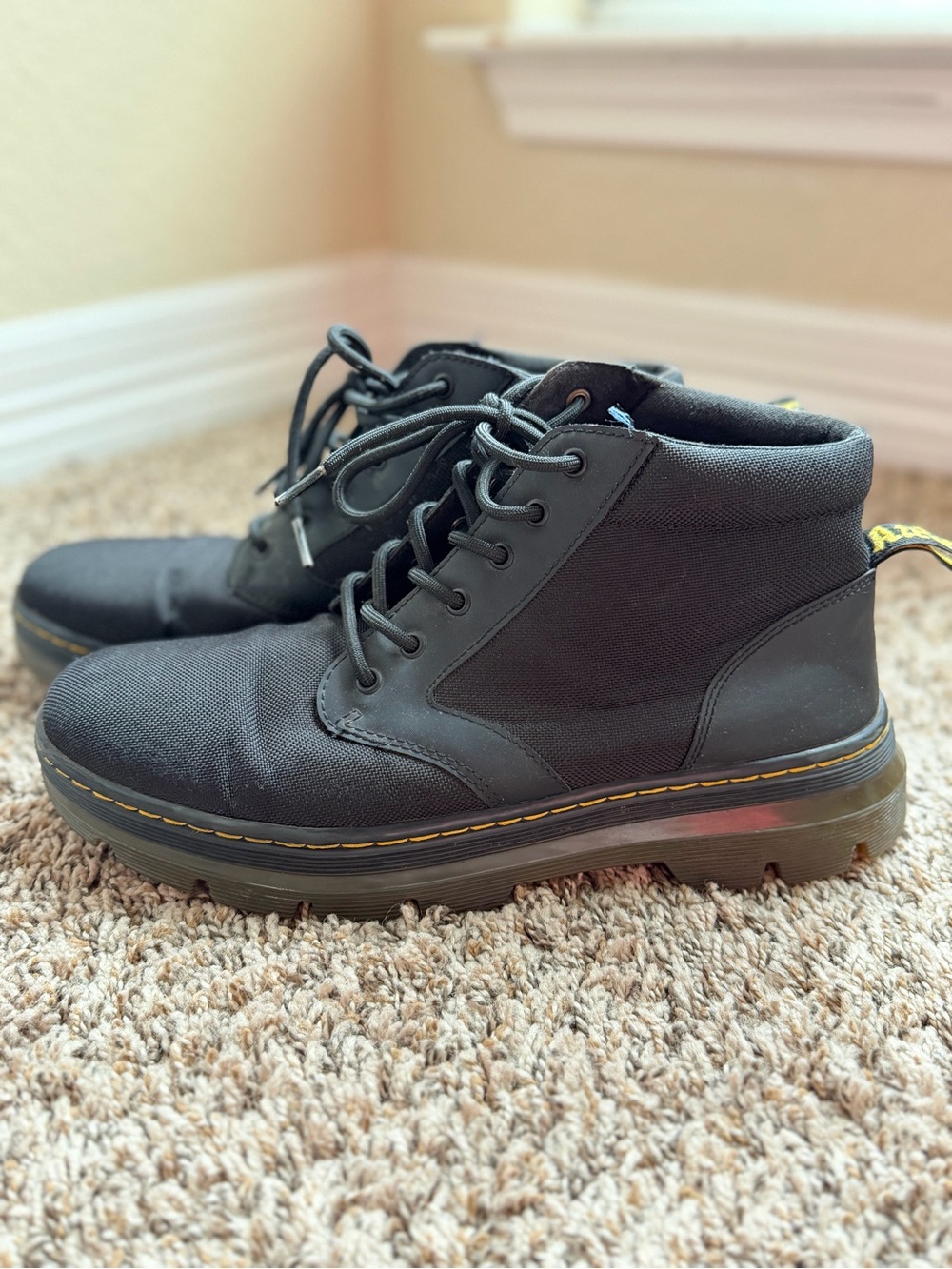 Dr. Martens Black Lace-Up Canvas Ankle Boots with Yellow Stitching
